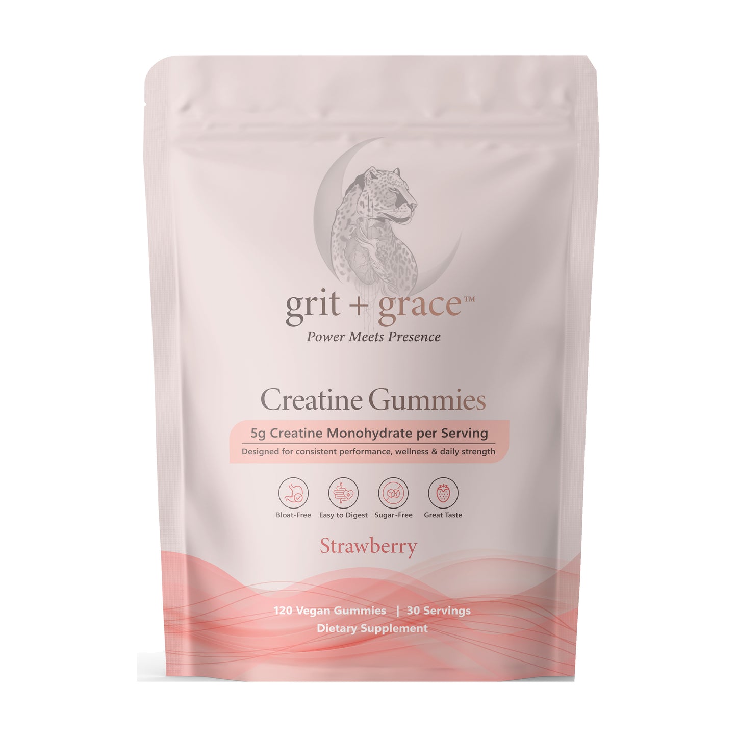 Front of the Grit + Grace Creatine Gummies pouch in Strawberry, showing 5g creatine monohydrate per serving and 30 servings