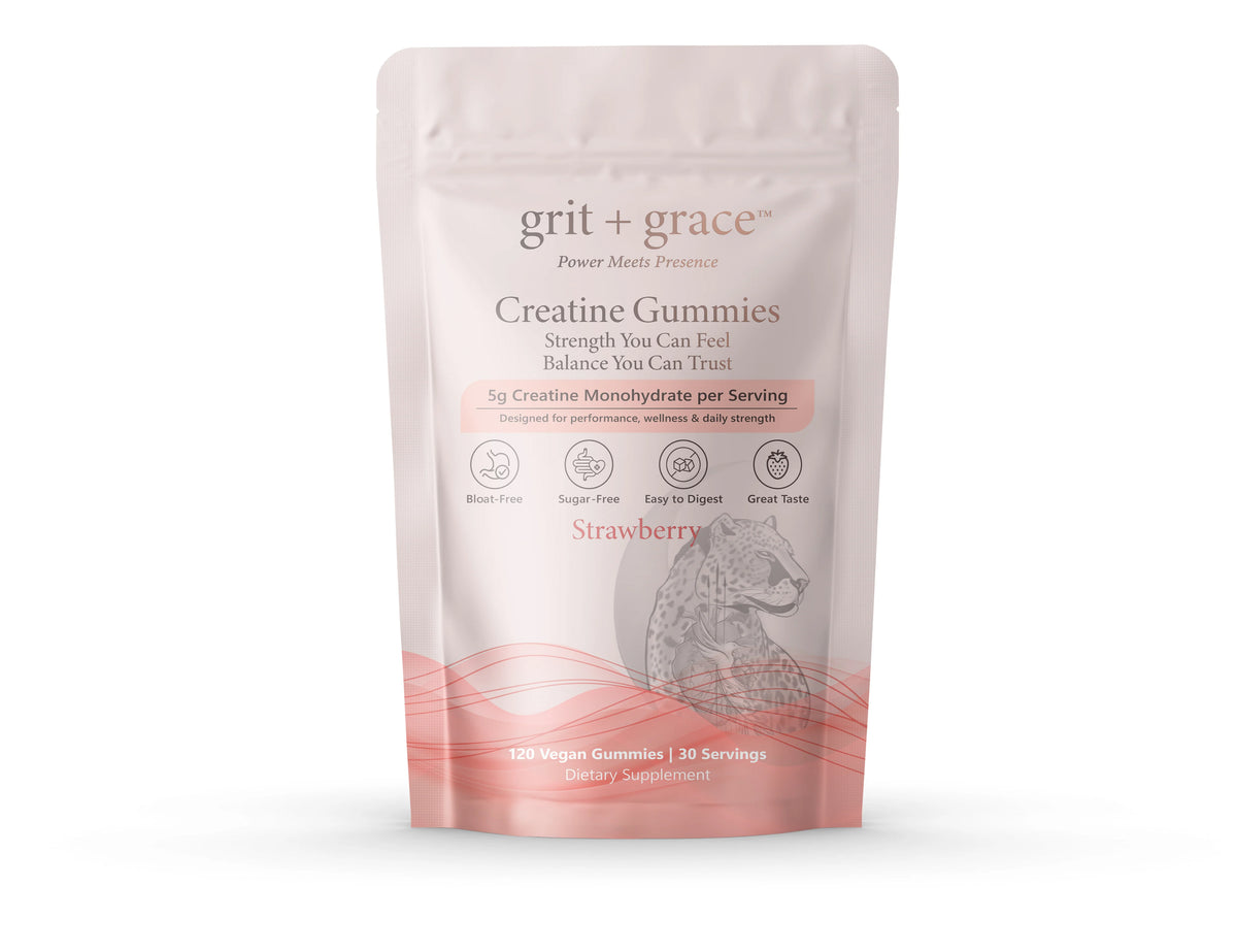 Grit + Grace Creatine Gummies pouch in Strawberry, 120 vegan gummies with 5g creatine monohydrate per serving