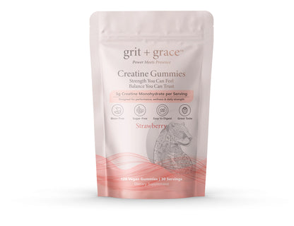 Grit + Grace Creatine Gummies pouch in Strawberry, 120 vegan gummies with 5g creatine monohydrate per serving