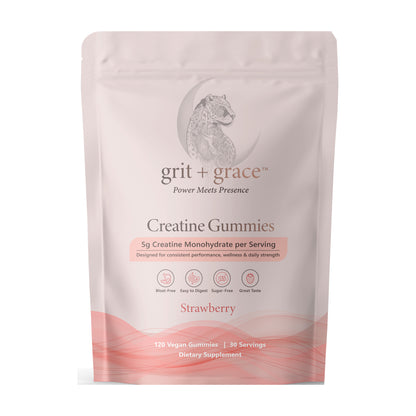 Front of the Grit + Grace Creatine Gummies pouch in Strawberry, showing 5g creatine monohydrate per serving and 30 servings