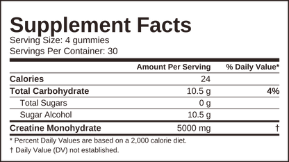 Supplement Facts panel for Grit + Grace Creatine Gummies: serving size 4 gummies, 30 servings per container, 5,000 mg creatine monohydrate per serving